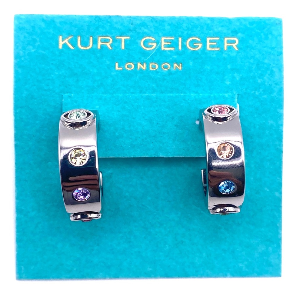 Kurt Geiger London Metal Eye Huggies Silver Multi Color Stones NWT
